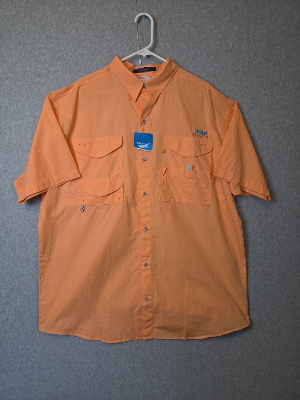 Columbia PFG Bonehead Shirt Orange SS Vented Button Up Fishing Shirt Men's XL
